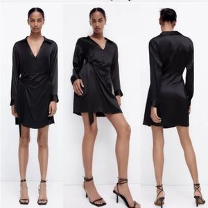 Zara Black Satin Wrap Button Dress